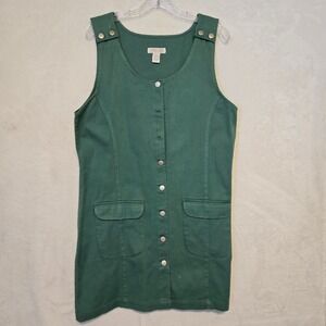 VINTAGE Cherokee Green Button Front Utility Pinafore Dress Size L
